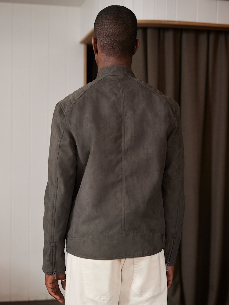 Neutral/Grey Faux Suede Racer Jacket - Image 3 of 12