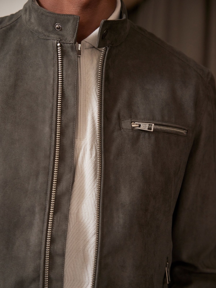 Neutral/Grey Faux Suede Racer Jacket - Image 4 of 12