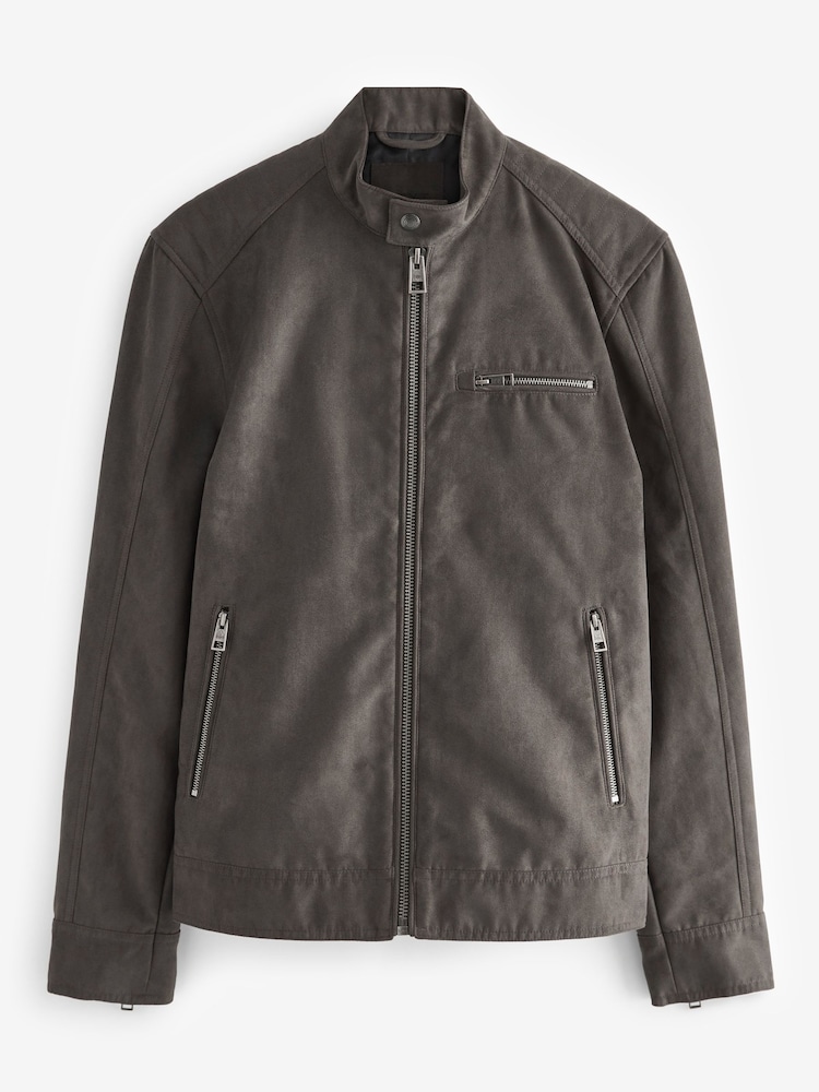 Neutral/Grey Faux Suede Racer Jacket - Image 6 of 12