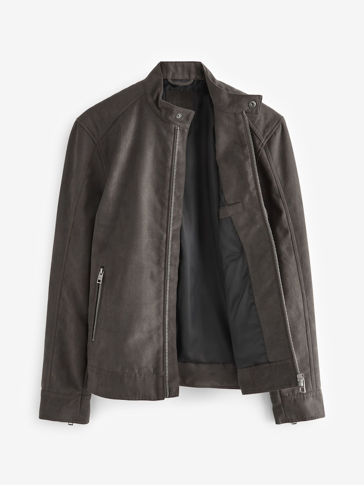 Neutral/Grey Faux Suede Racer Jacket - Image 7 of 12
