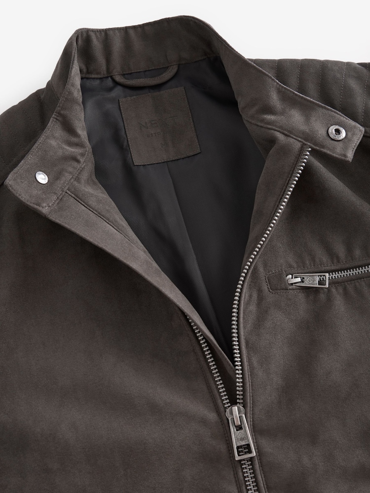 Neutral/Grey Faux Suede Racer Jacket - Image 8 of 12