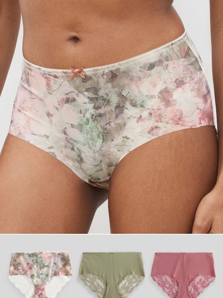 Rosa geblümt/Rosa-Rosen/Salbeigrün - Nahtlose Slips mit Spitzenrückseite im 3er-Pack - Bild 1 von 1 Rosa geblümt/Rosa-Rosen/Salbeigrün - Nahtlose Slips mit Spitzenrückseite im 3er-Pack - Bild 1 von 1