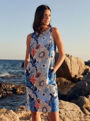 Blue Floral Linen Blend Sleeveless Shift Dress - Image 1 of 7
