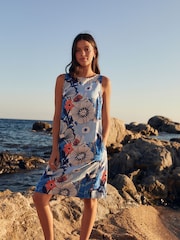 Blue Floral Linen Blend Sleeveless Shift Dress - Image 2 of 7