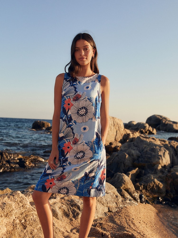 Blue Floral Linen Blend Sleeveless Shift Dress - Image 2 of 7