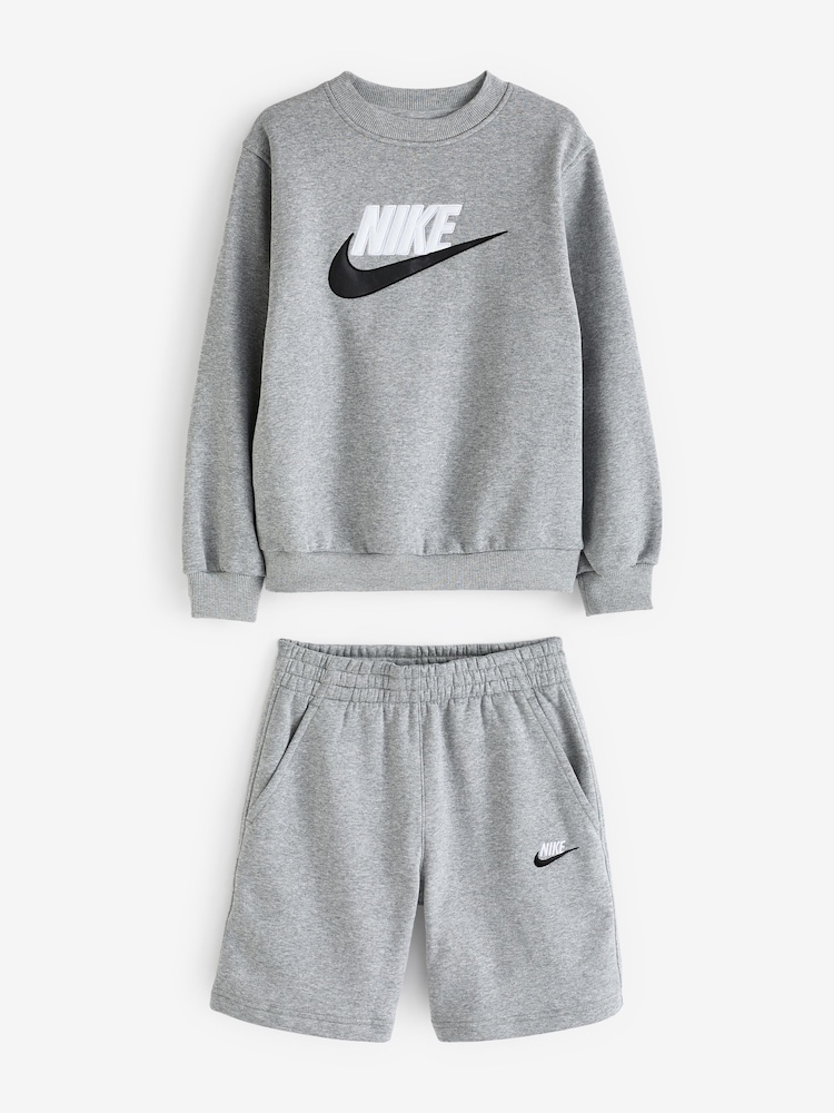 Nike Grey Sweatshirt and Shorts Tracksuit Set - Image 1 of 12