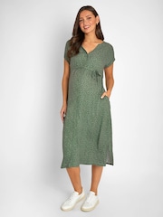JoJo Maman Bébé Khaki Green Spot Print Button Through V-Neck Maternity Midi Dress - Image 1 of 5