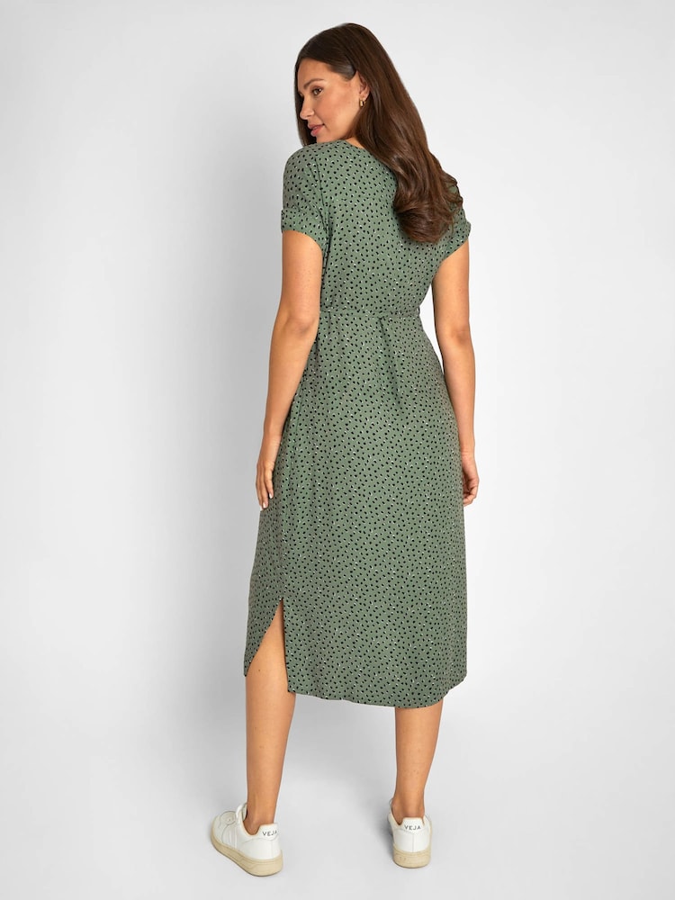 JoJo Maman Bébé Khaki Green Spot Print Button Through V-Neck Maternity Midi Dress - Image 2 of 5