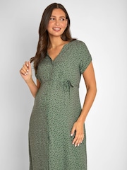 JoJo Maman Bébé Khaki Green Spot Print Button Through V-Neck Maternity Midi Dress - Image 3 of 5