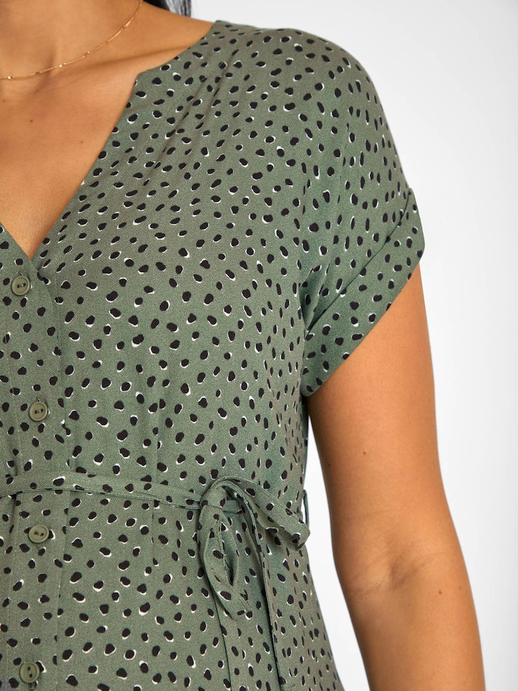 JoJo Maman Bébé Khaki Green Spot Print Button Through V-Neck Maternity Midi Dress - Image 4 of 5