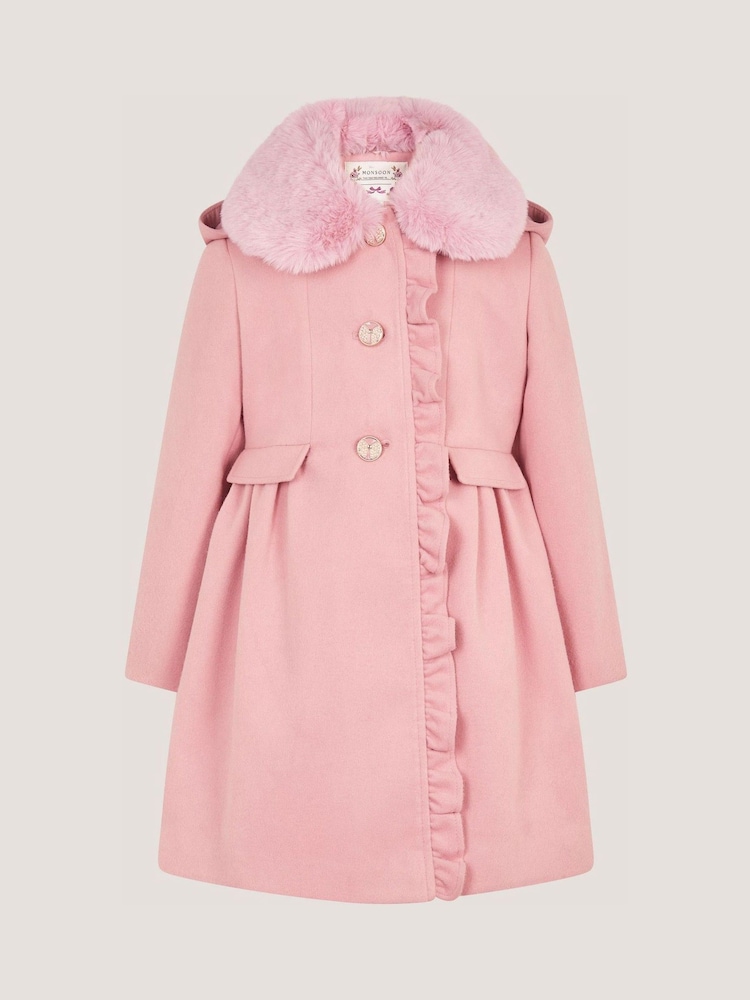 Monsoon Pink Faux Fur Collar Frill Coat - Image 1 of 2 Monsoon Pink Faux Fur Collar Frill Coat - Image 1 of 2
