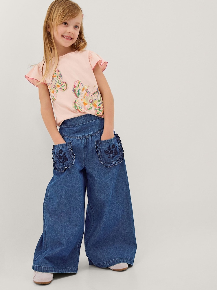Monsoon Blue Embroidered Pocket Chambray Trousers - Image 1 of 3
