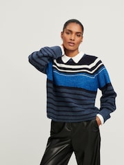 Navy Stripe Embellished Shirt Layered Jumper - Image 1 of 6
