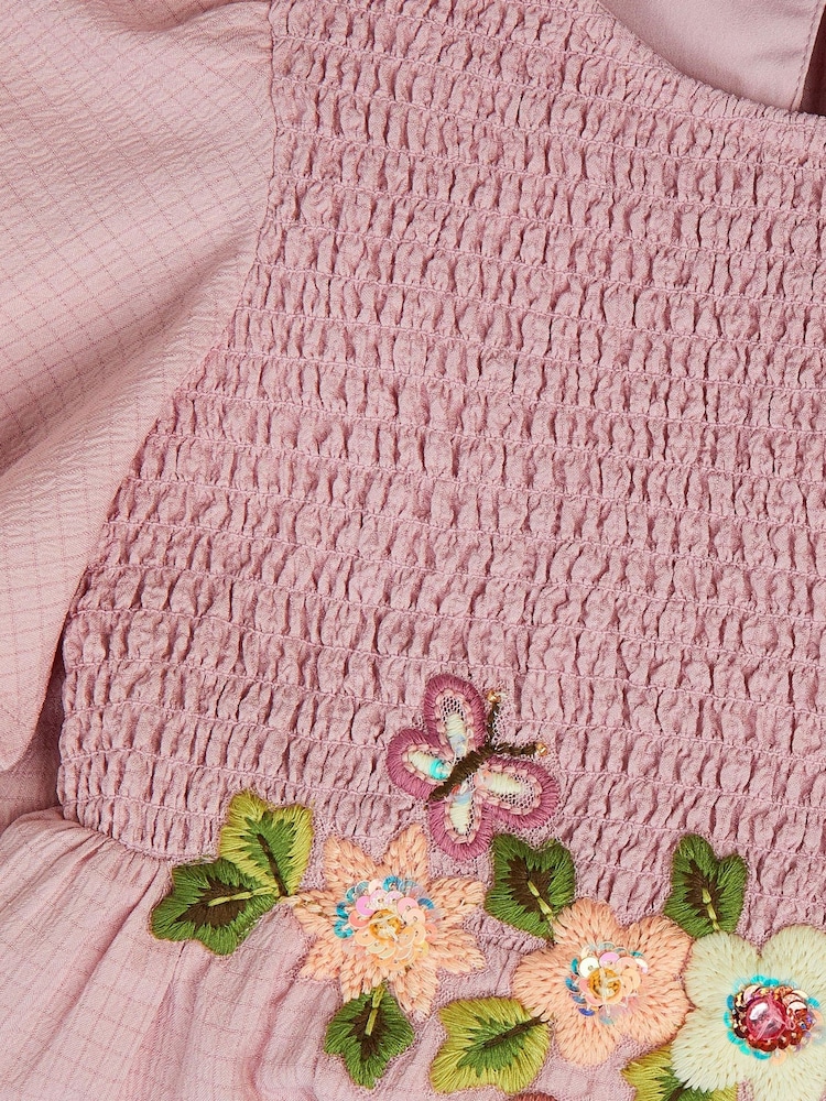 Monsoon Pink Floral Embroidered Smocked Dress - Image 3 of 3
