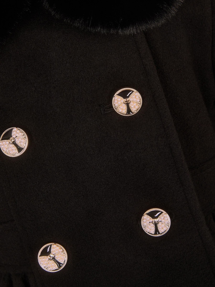Monsoon Black Faux Fur Collar Double-Breasted Coat - Image 2 of 2 Monsoon Black Faux Fur Collar Double-Breasted Coat - Image 2 of 2