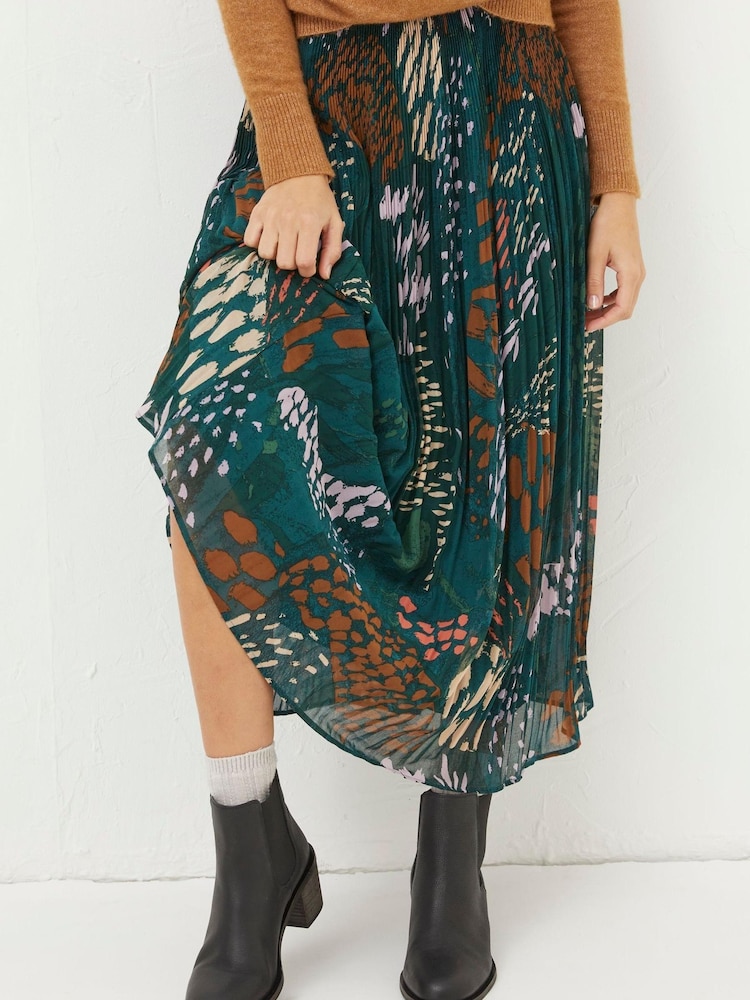 FatFace Green Paignton Landscape Pleated Midi Skirt - Image 1 of 5 FatFace Green Paignton Landscape Pleated Midi Skirt - Image 1 of 5