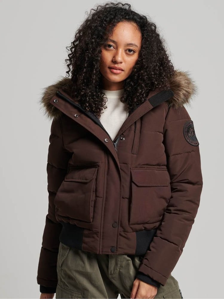 Superdry Brown Everest Hooded Puffer Bomber Jacket - Image 1 of 5