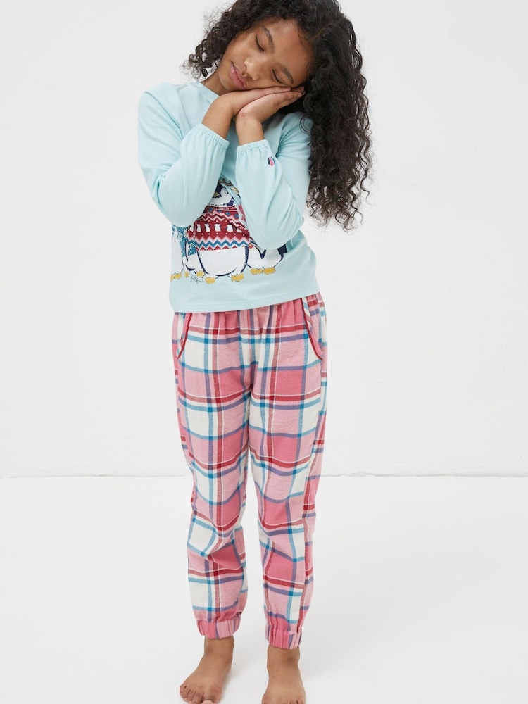 FatFace Blue Penguin Check Pyjama Set - Image 1 of 4