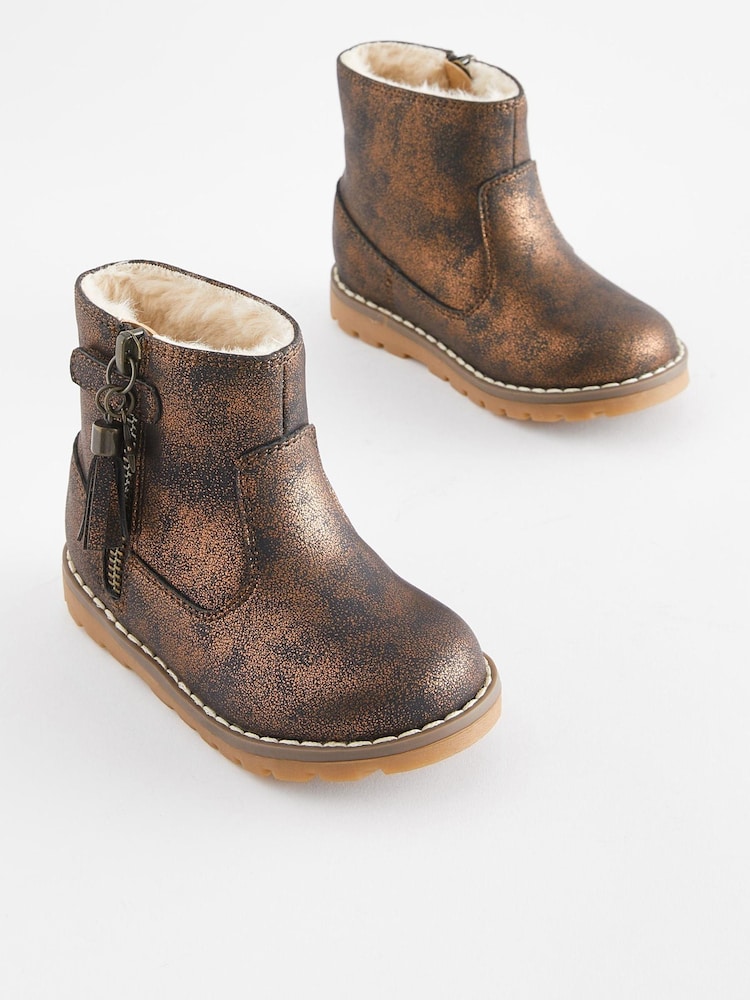 Bronze Brown Standard Fit (F) Warm Lined Tassel Detail Zip Boots - Image 1 of 5 Bronze Brown Standard Fit (F) Warm Lined Tassel Detail Zip Boots - Image 1 of 5