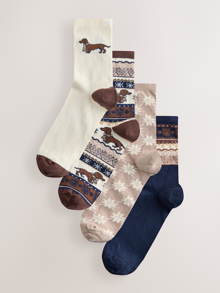 Cream/Navy Fairisle Dog Ankle Socks 4 Pack - Image 1 of 7 Cream/Navy Fairisle Dog Ankle Socks 4 Pack - Image 1 of 7