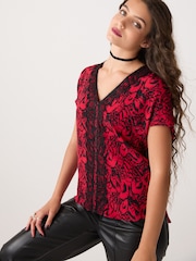 Red and Black Feather Print Short Sleeve Lace Trim Top - Image 1 of 6