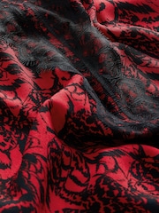 Red and Black Feather Print Short Sleeve Lace Trim Top - Image 6 of 6