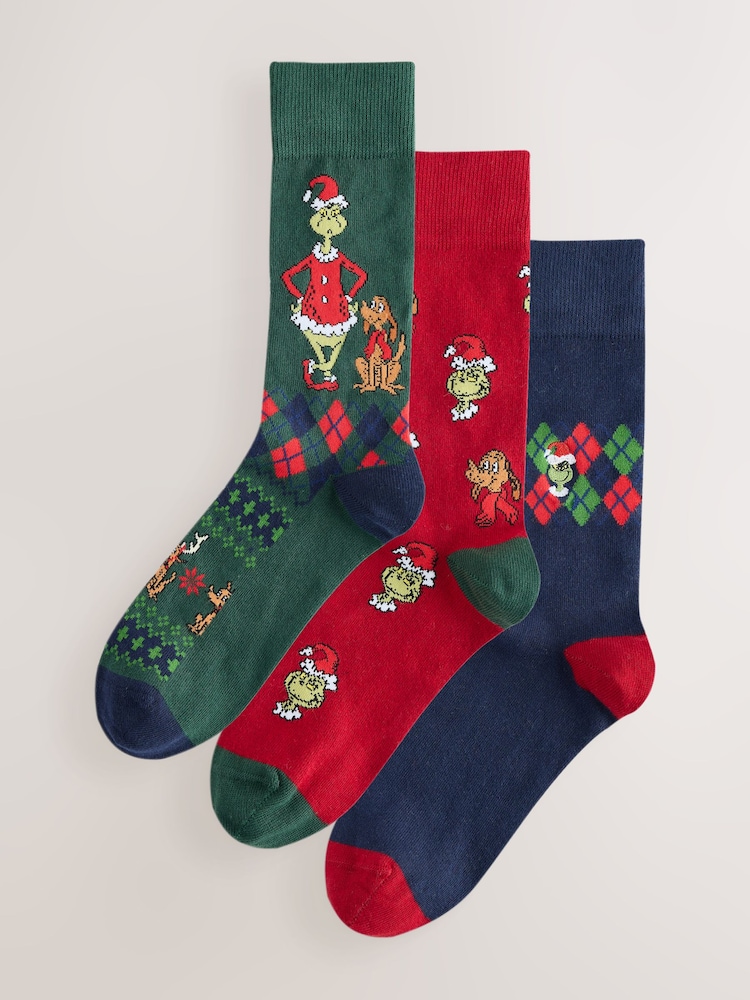 Green/ Blue/ Red Grinch Christmas Socks 3 Pack - Image 1 of 6 Green/ Blue/ Red Grinch Christmas Socks 3 Pack - Image 1 of 6