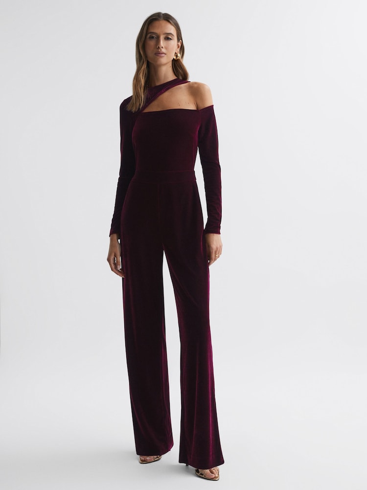 Reiss Berry Adele Velvet Off-The-Shoulder Jumpsuit - Image 1 of 4