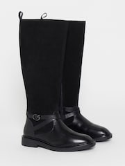 JD Williams Black Wide Fit Leather Suede Mix Knee High Flat Boots - Image 2 of 4