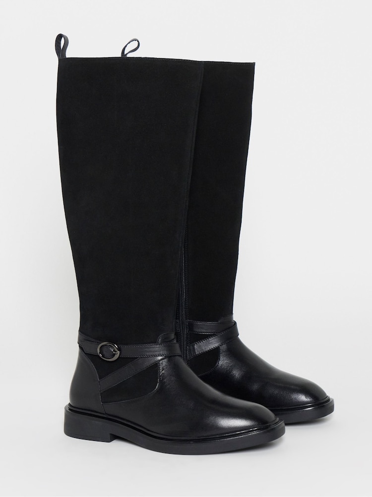 JD Williams Black Wide Fit Leather Suede Mix Knee High Flat Boots - Image 2 of 4 JD Williams Black Wide Fit Leather Suede Mix Knee High Flat Boots - Image 2 of 4