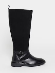 JD Williams Black Wide Fit Leather Suede Mix Knee High Flat Boots - Image 3 of 4