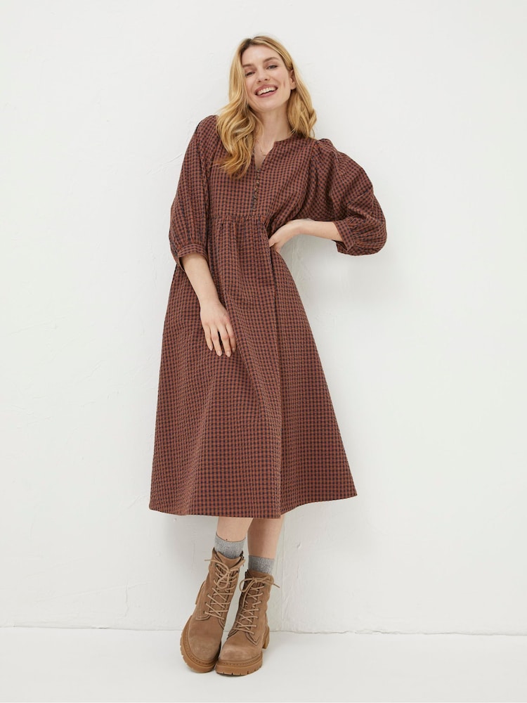 FatFace Brown Gingham Midi Dress - Image 1 of 6
