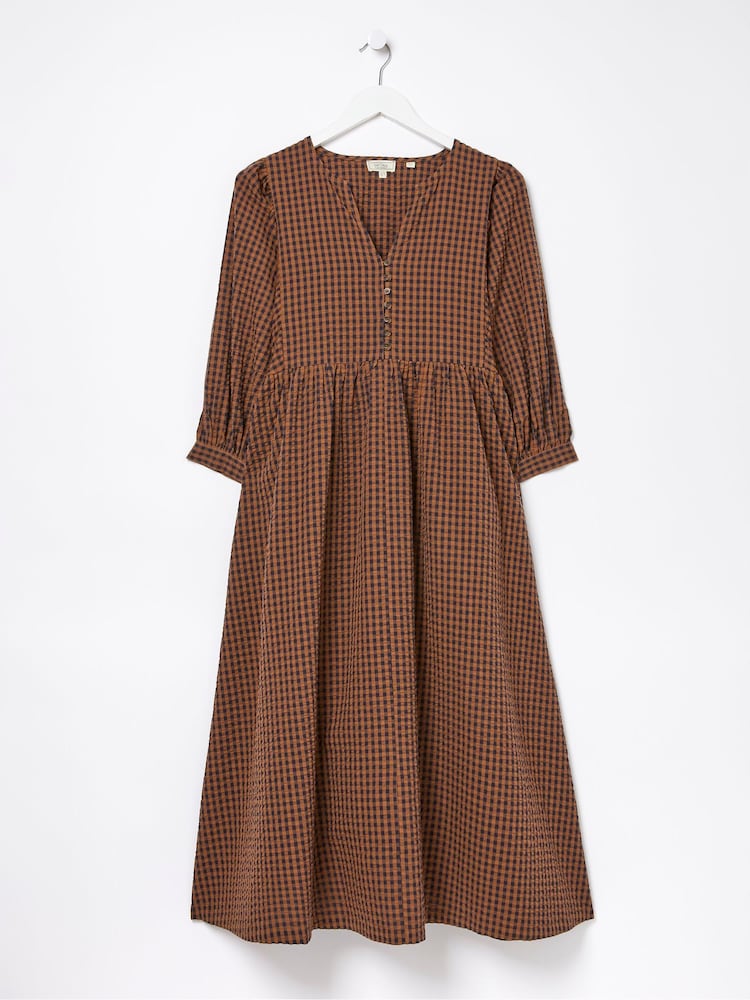 FatFace Brown Gingham Midi Dress - Image 6 of 6