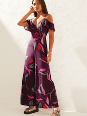 Blumenmuster in Lila - Schulterfreier Jumpsuit - Bild 1 von 6