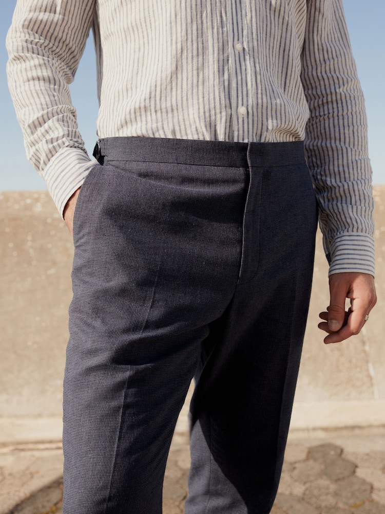 Blue Regular Fit Linen Puppytooth Suit: Trousers - Image 2 of 9