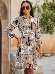 Sosandar Cream Scarf Print Fit and Flare Ruched Sleeve Shirt Dress - Image 1 of 6