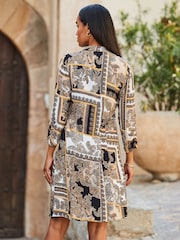 Sosandar Cream Scarf Print Fit and Flare Ruched Sleeve Shirt Dress - Image 3 of 6