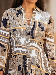 Sosandar Cream Scarf Print Fit and Flare Ruched Sleeve Shirt Dress - Image 6 of 6
