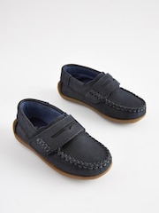 Navy Wide Fit (G) Leather Penny Loafers with Touch and Close Fastening - Image 1 of 7