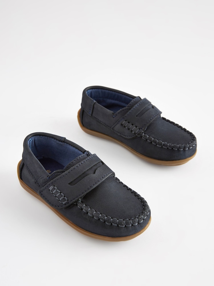Navy Wide Fit (G) Leather Penny Loafers with Touch and Close Fastening - Image 1 of 7