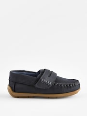 Navy Wide Fit (G) Leather Penny Loafers with Touch and Close Fastening - Image 2 of 7