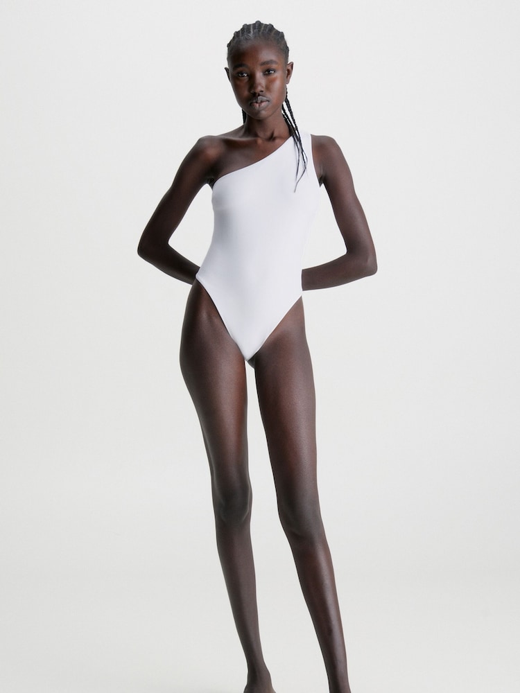 Calvin Klein Core Archive One Shoulder One Piece White Swimsuit - Image 2 of 4