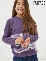 FatFace Purple Leopard Knitted Crew Jumper - Image 1 of 4