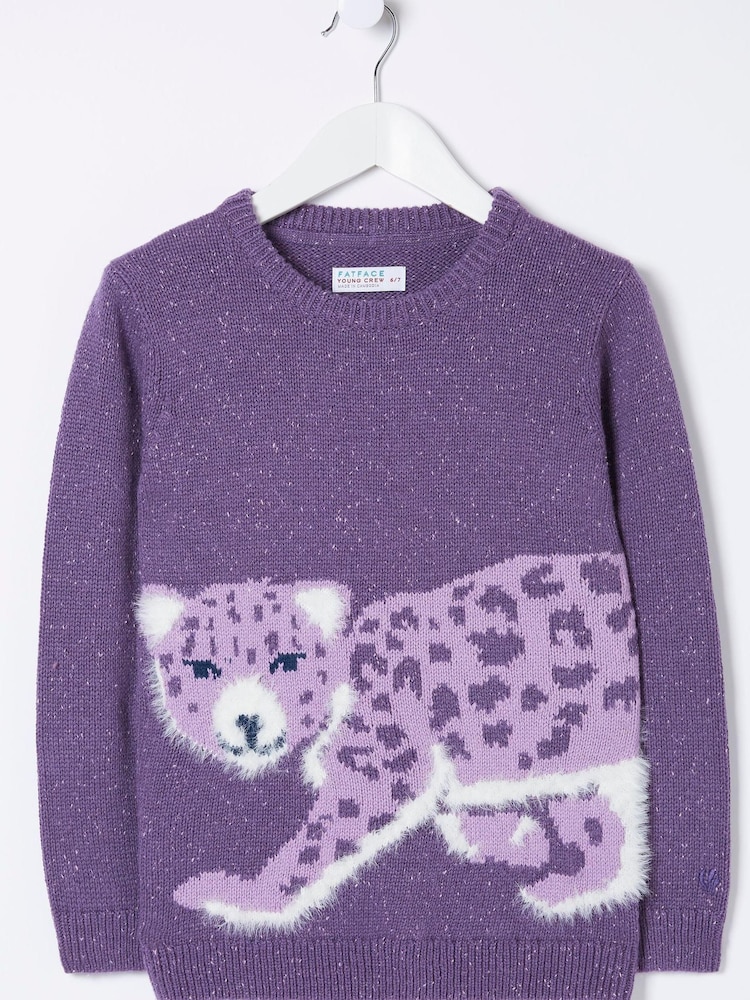FatFace Purple Leopard Knitted Crew Jumper - Image 4 of 4