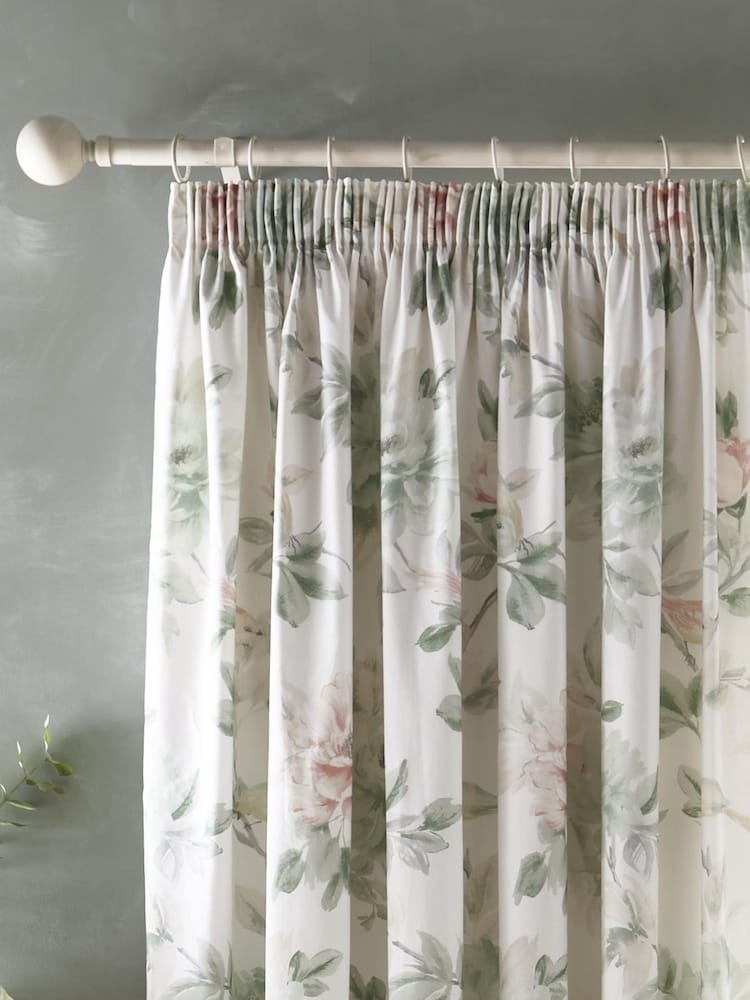 Appletree Green Campion Pencil Pleat 100% Cotton Curtains - Image 2 of 3