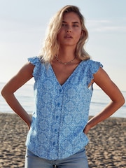 Blue Linen Blend Ruffle Sleeve Top - Image 1 of 6