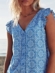 Blue Linen Blend Ruffle Sleeve Top - Image 4 of 6
