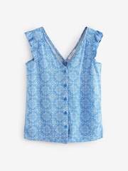 Blue Linen Blend Ruffle Sleeve Top - Image 5 of 6