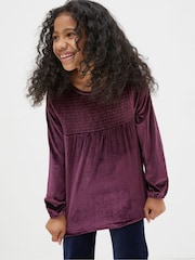 FatFace Purple Darcey Velvet Smocked Top - Image 1 of 3