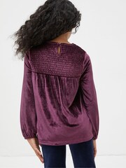 FatFace Purple Darcey Velvet Smocked Top - Image 2 of 3